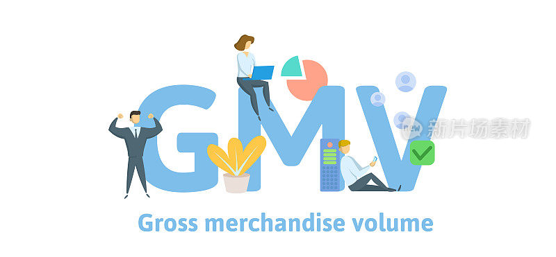 GMV, Gross Merchandise Volume. Concept with keywords, letters and icons. Flat vector illustration. Isolated on white background.